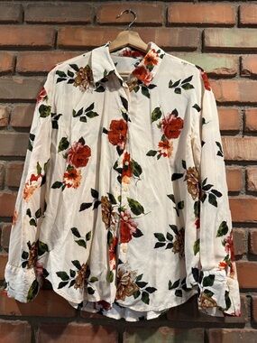 Women's Floral Button-Up Shirt - Cream with Red Rose Print